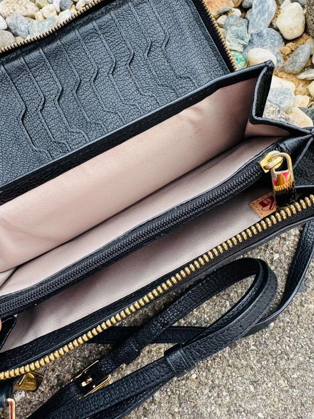 TUMI Black Leather Crossbody Wallet Bag with Gold-Tone Lock